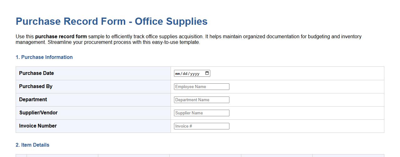 purchase record form sample for office supplies image preview