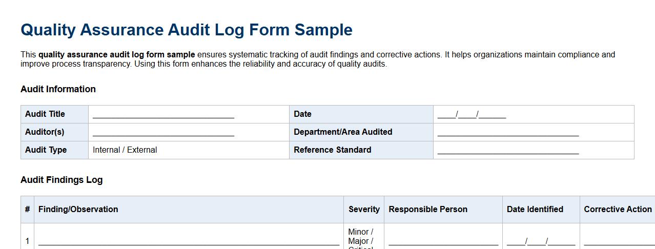 quality assurance audit log form sample image preview