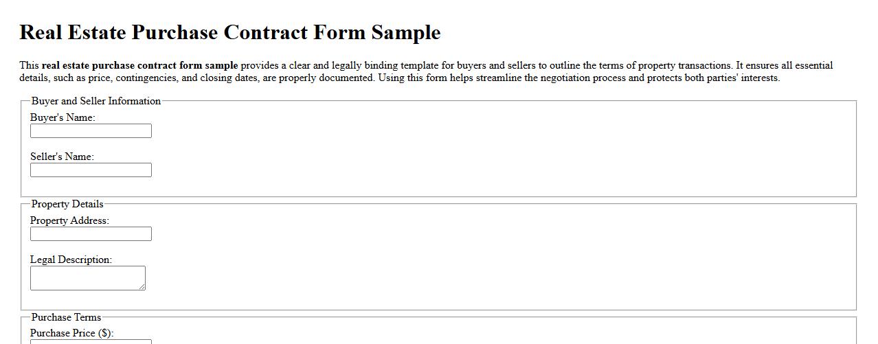 Real estate purchase contract form sample image preview