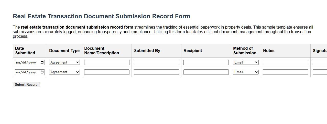 Real estate transaction document submission record form sample image preview