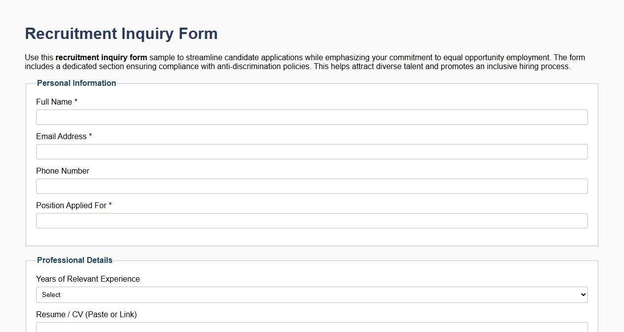 Recruitment inquiry form sample with equal opportunity section image preview