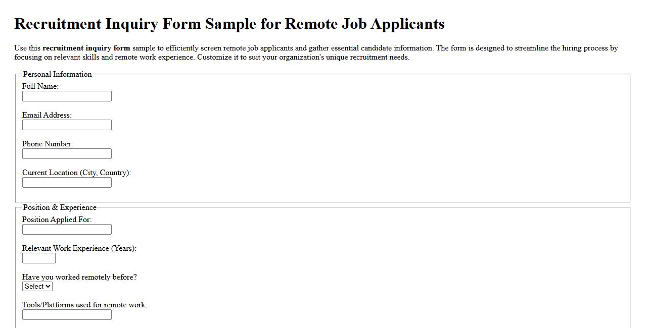 Recruitment inquiry form sample for remote job applicants image preview