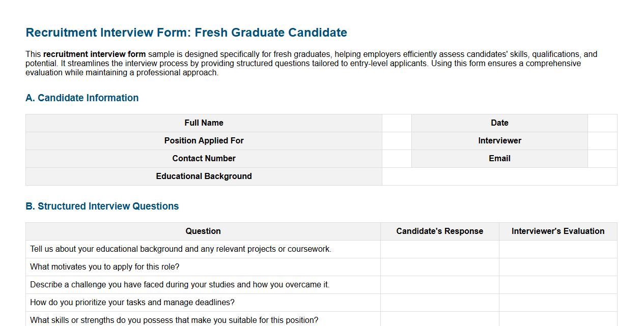 Recruitment interview form sample for fresh graduates image preview