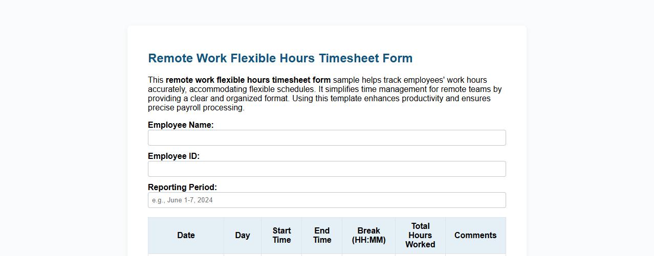 Remote work flexible hours timesheet form sample image preview