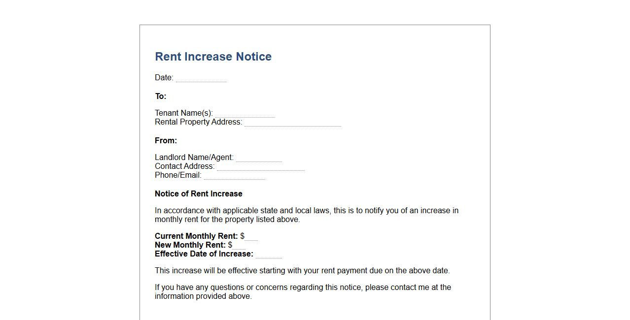 rent increase notice form sample for residential tenants image preview