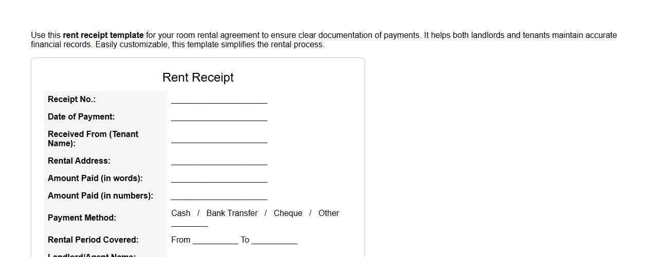 Rent receipt template for room rental agreement image preview