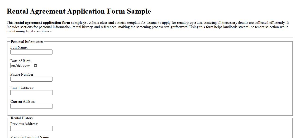 Rental agreement application form sample image preview