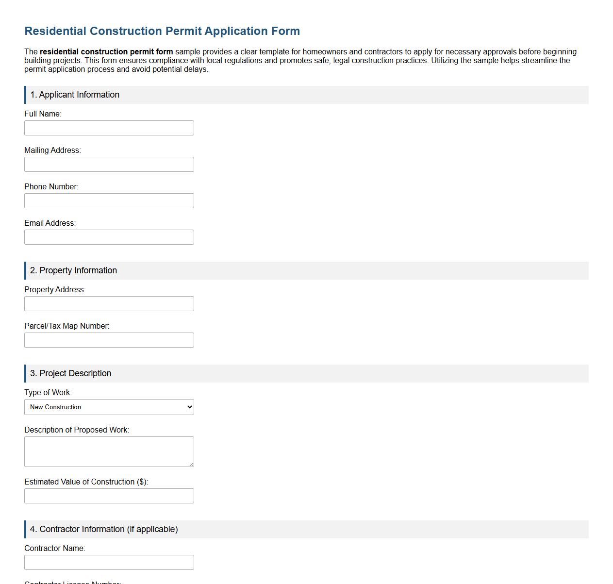 residential construction permit form sample image preview
