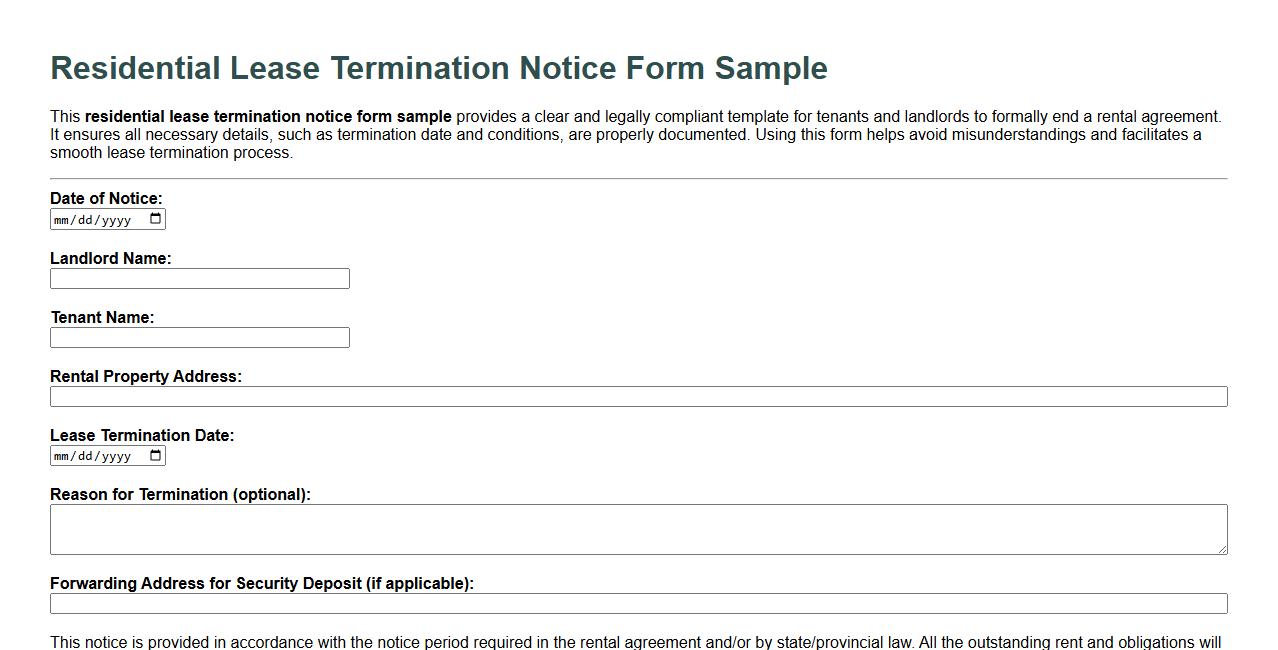 residential lease termination notice form sample image preview