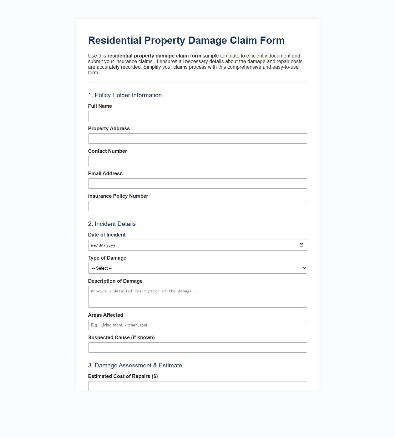residential property damage claim form sample template image preview