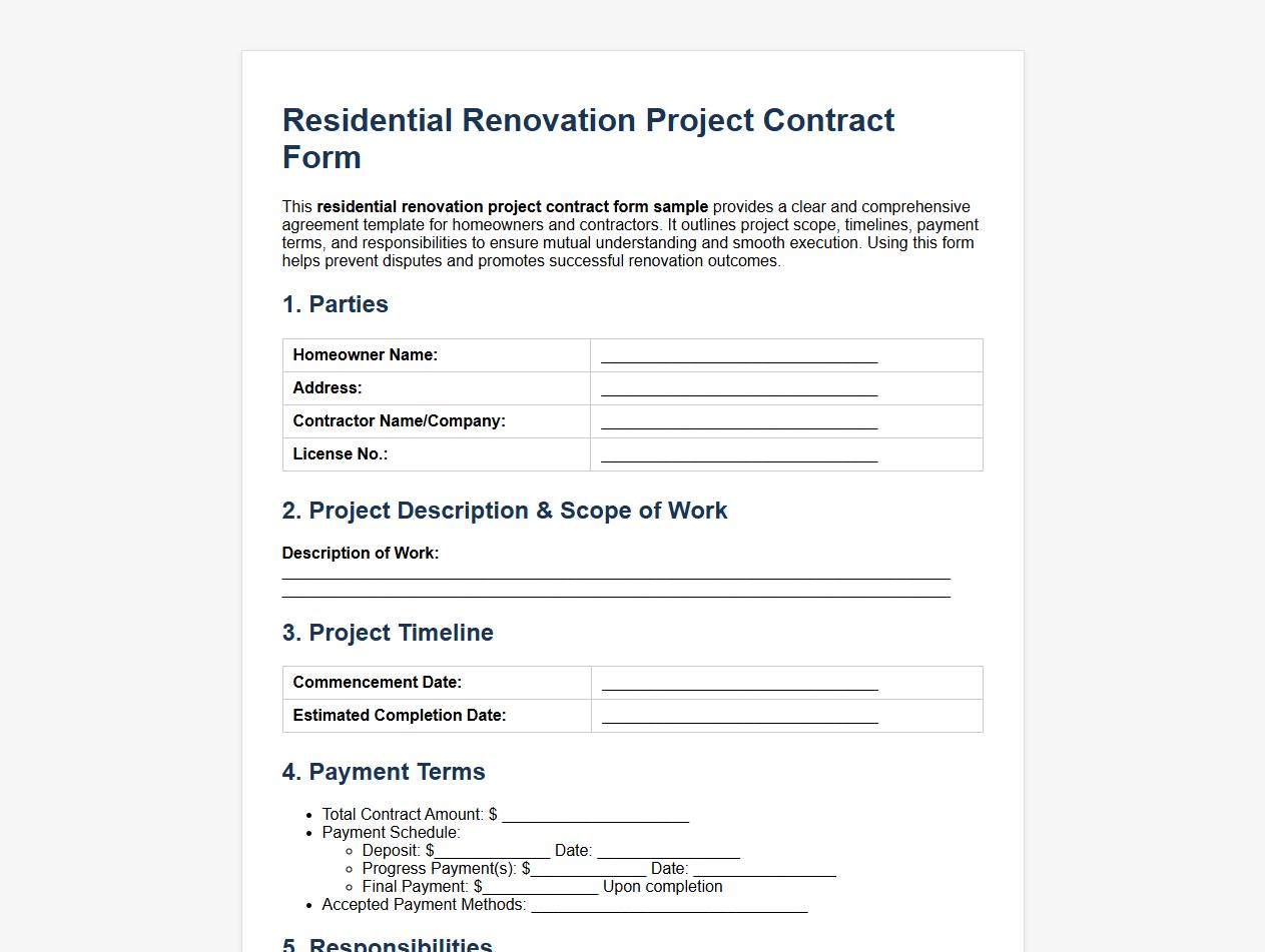 Residential renovation project contract form sample image preview