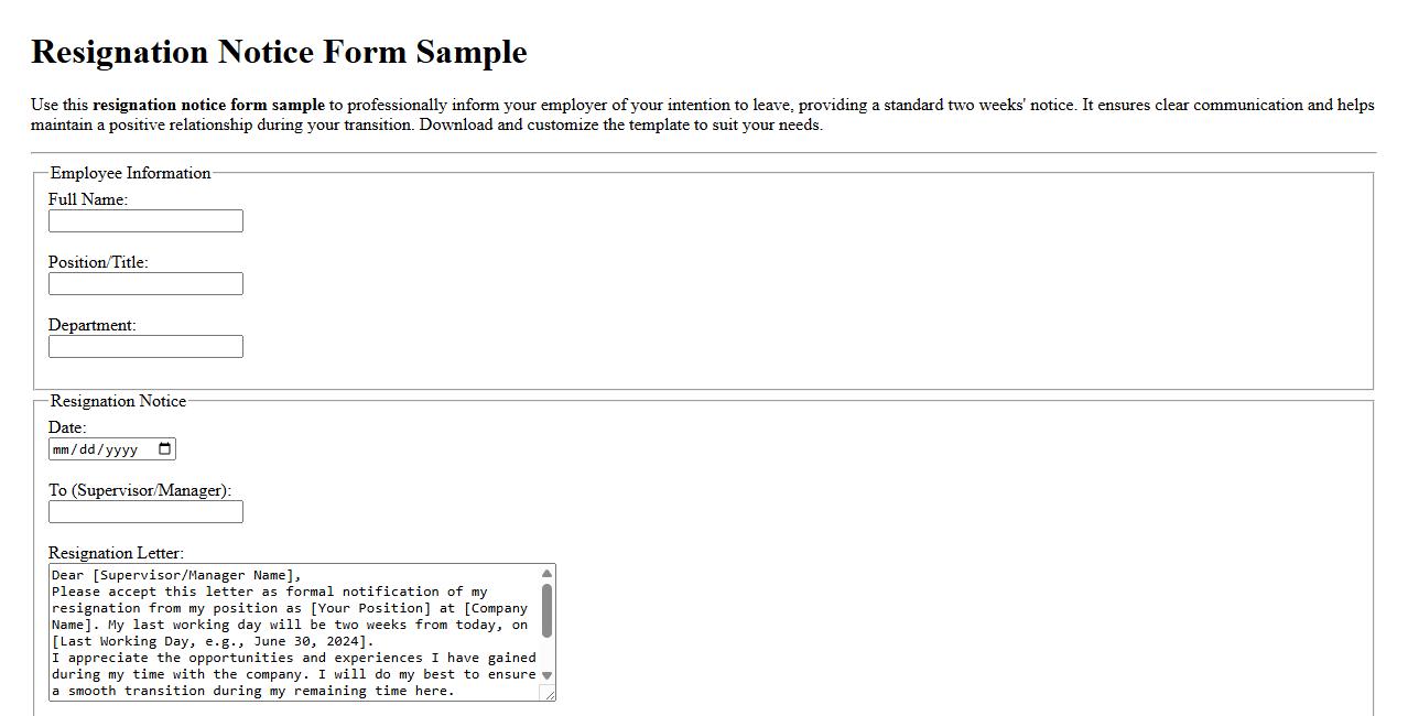 Resignation notice form sample with two weeks notice image preview