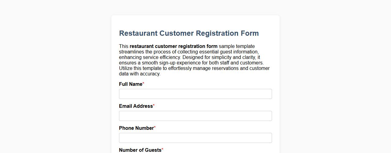 Restaurant customer registration form sample template image preview
