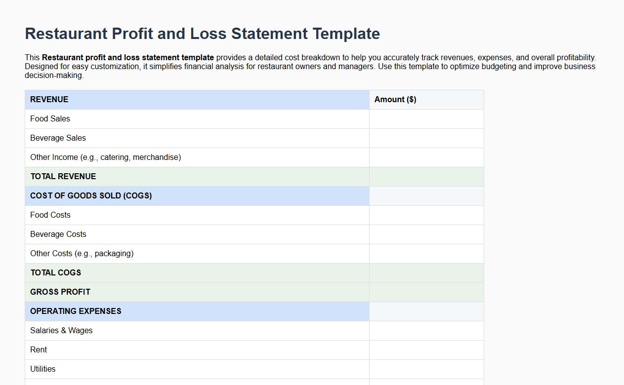 Restaurant profit and loss statement template with cost breakdown image preview