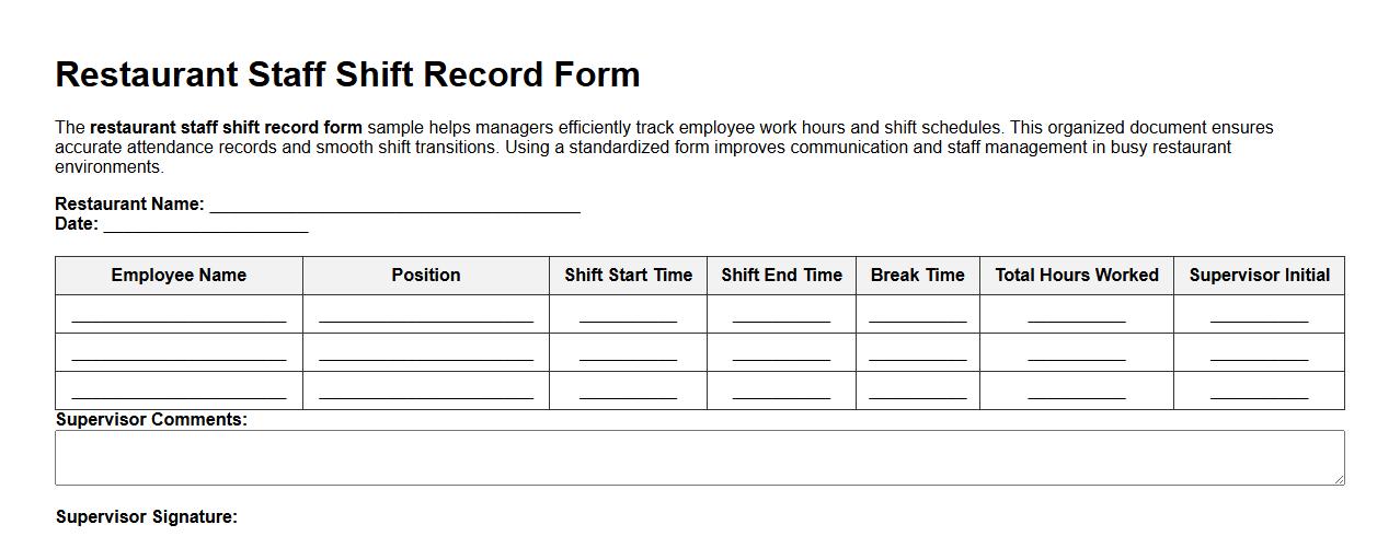 restaurant staff shift record form sample image preview