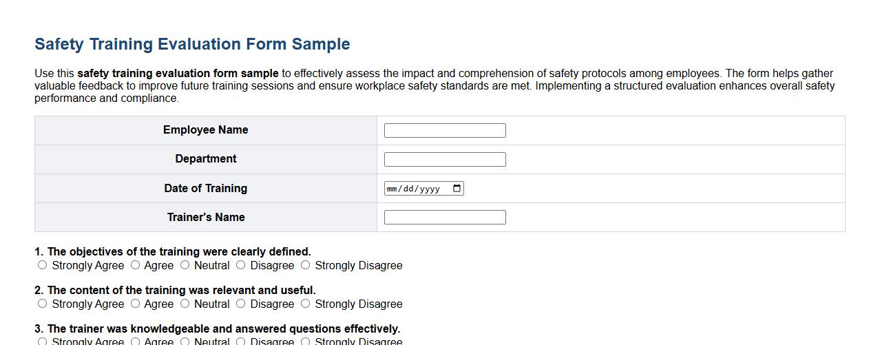 safety training evaluation form sample image preview