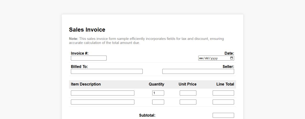 sales invoice form sample including tax and discount fields image preview
