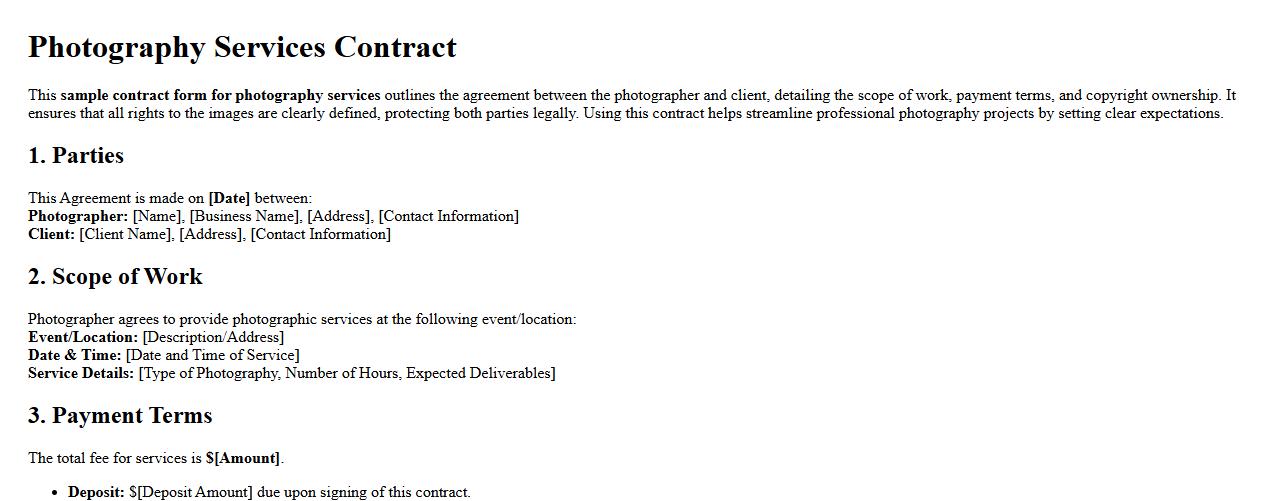 sample contract form for photography services including copyright image preview