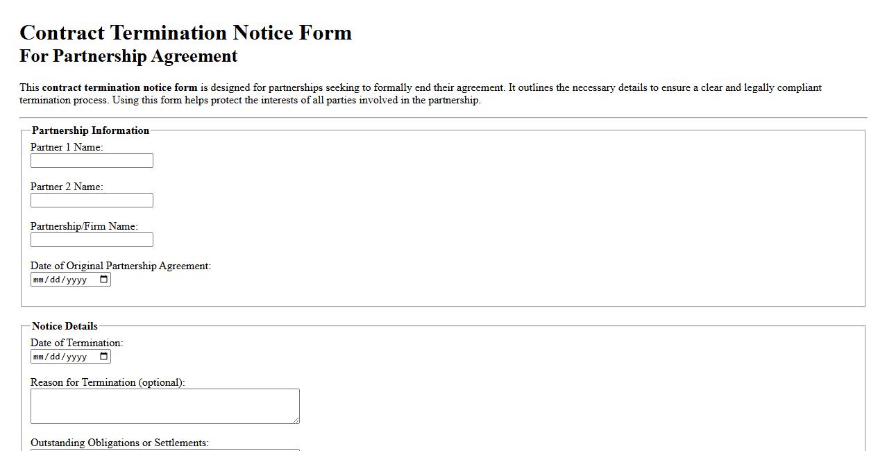 Sample contract termination notice form for partnership agreement image preview