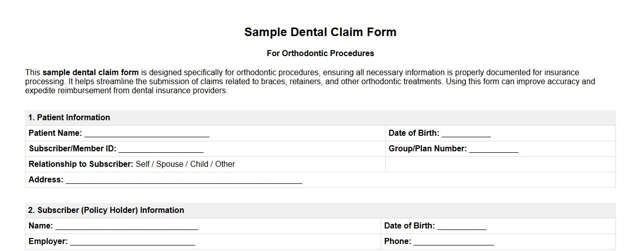 Sample dental claim form for orthodontic procedures image preview