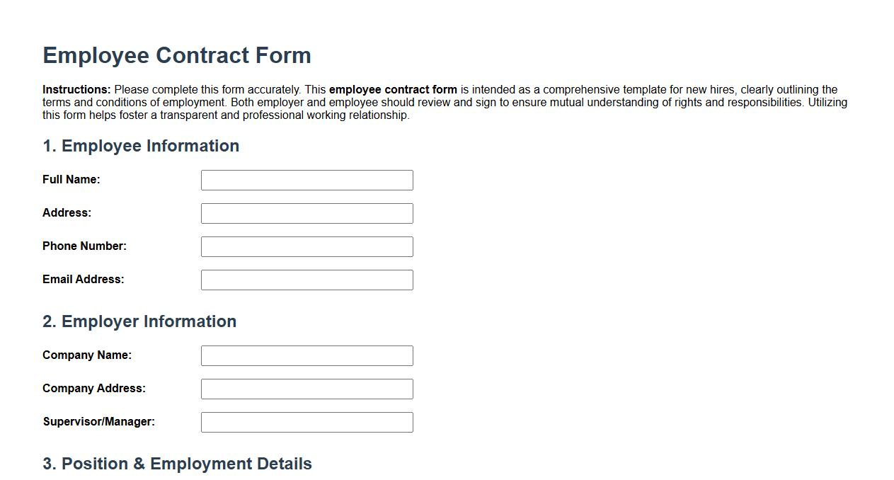 Sample employee contract form for new hires image preview