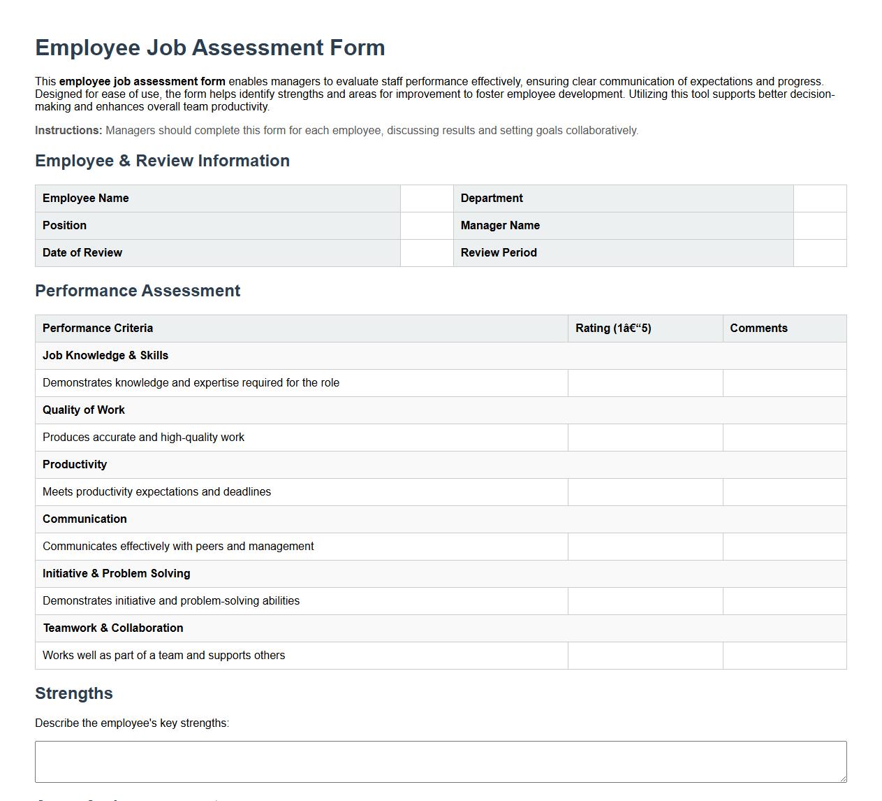sample employee job assessment form for managers image preview
