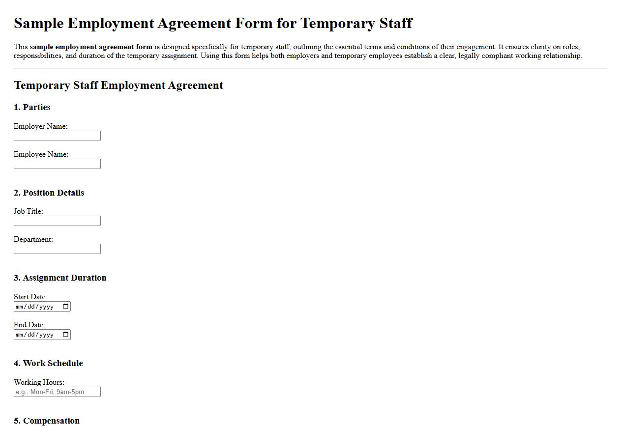 Sample employment agreement form for temporary staff image preview