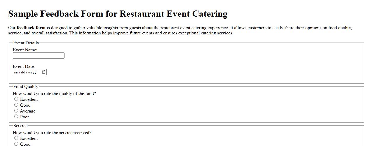 Sample feedback form for restaurant event catering image preview