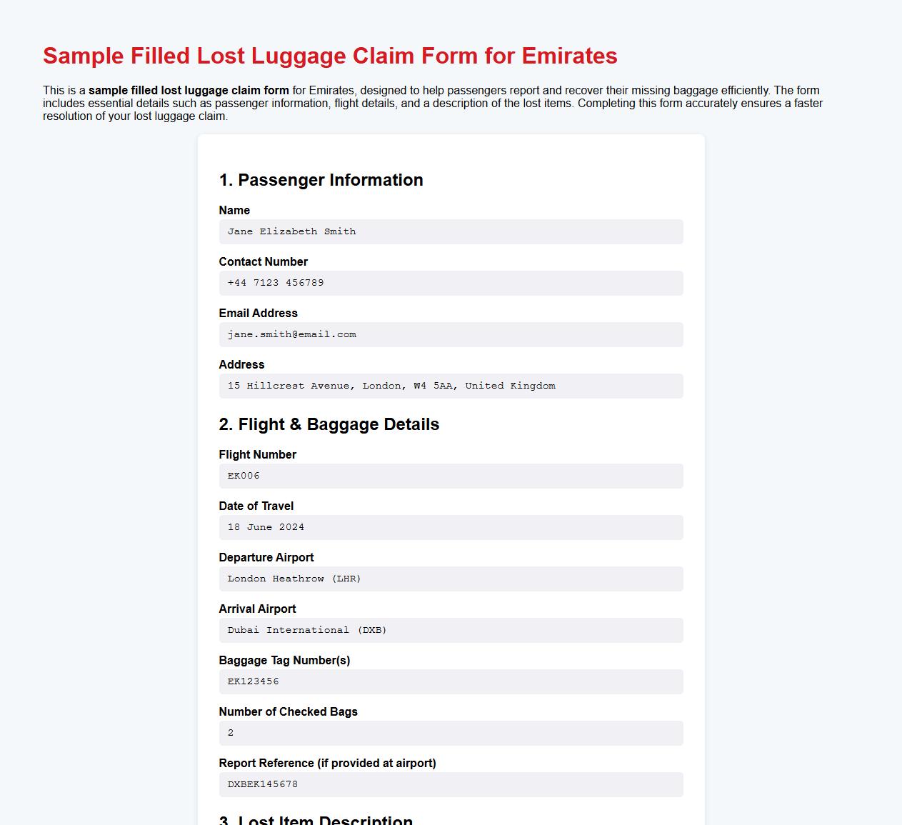 Sample filled lost luggage claim form for Emirates image preview