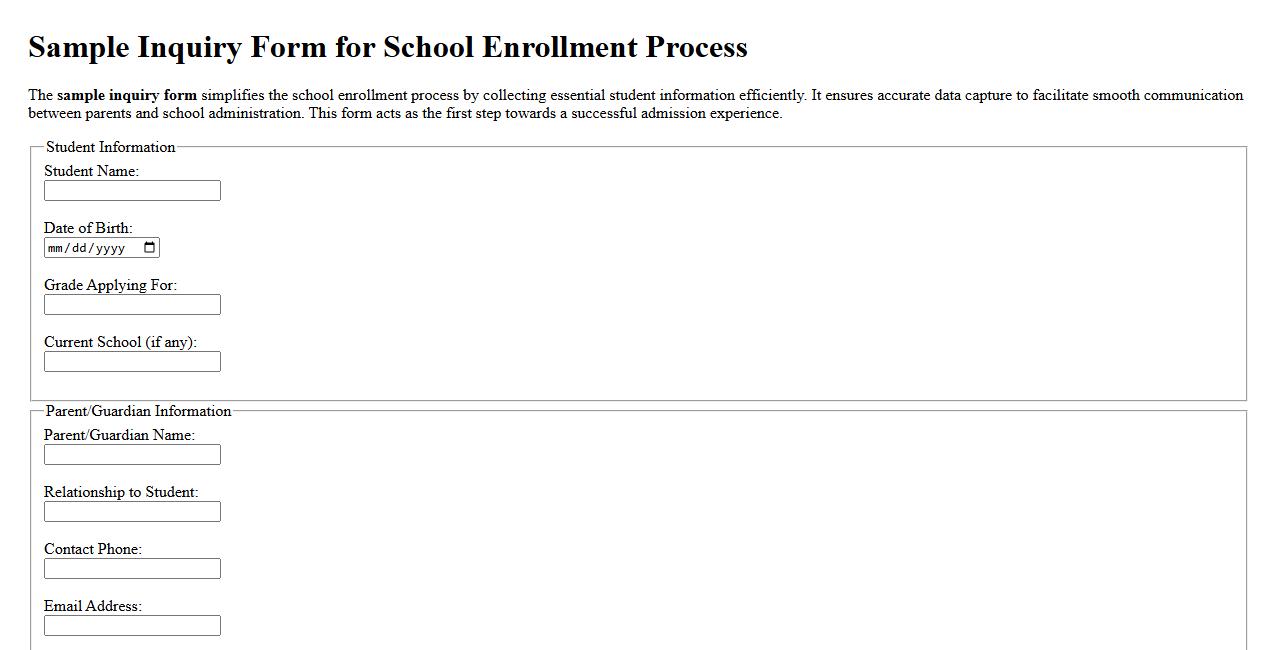 Sample inquiry form for school enrollment process image preview