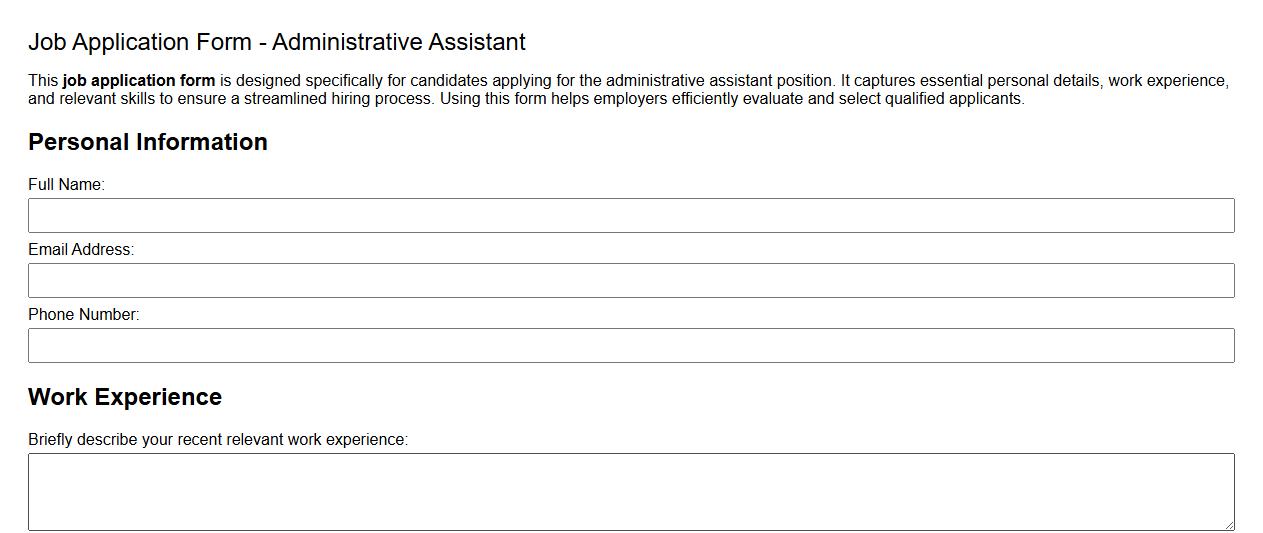 Sample job application form for administrative assistant role image preview