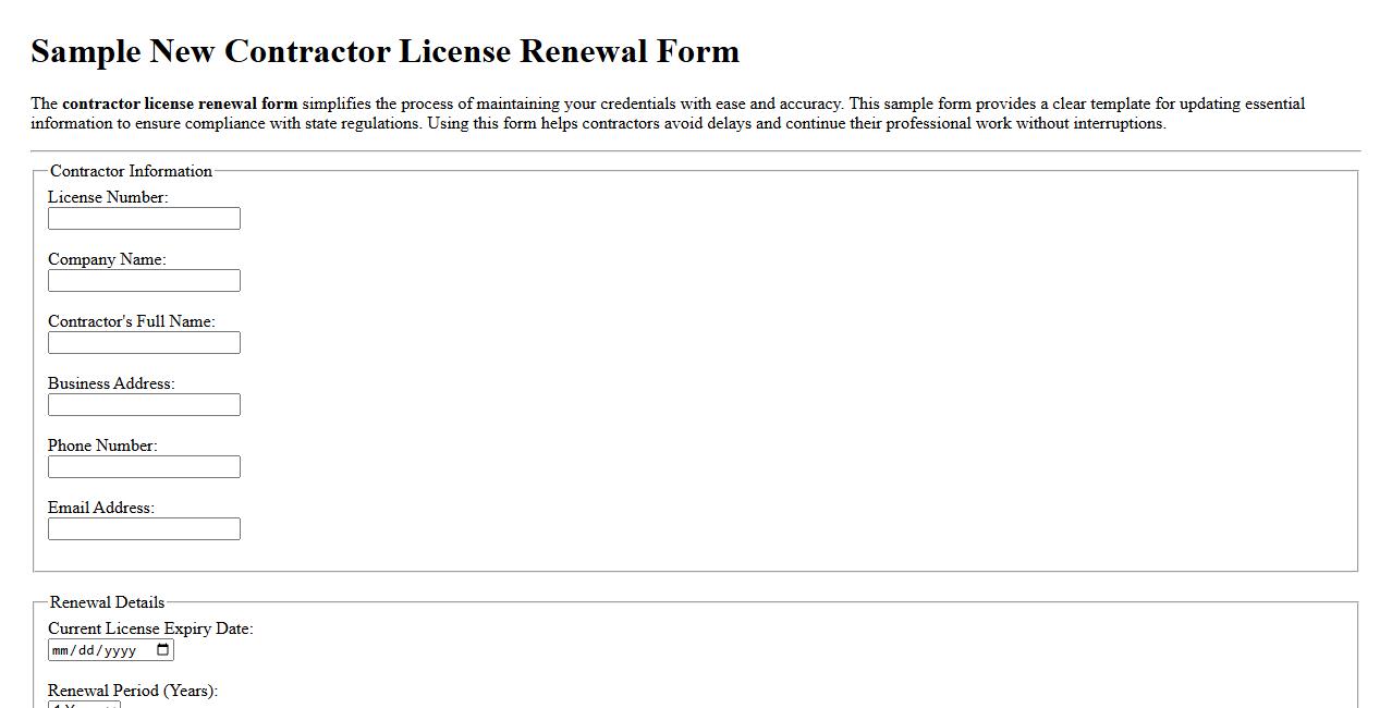 Sample new contractor license renewal form image preview