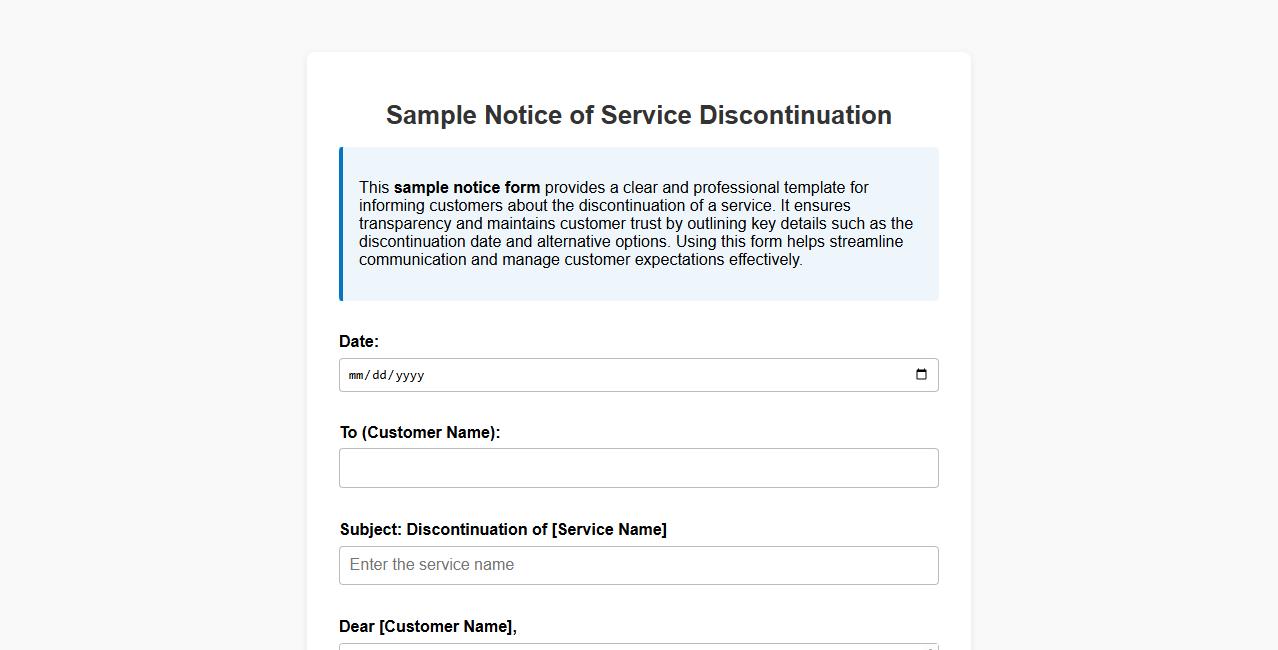 Sample notice form for customer service discontinuation image preview