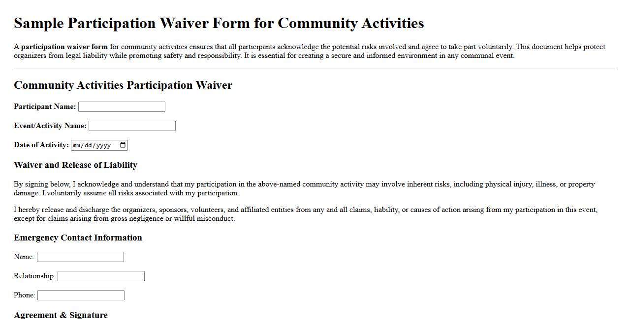sample participation waiver form for community activities image preview