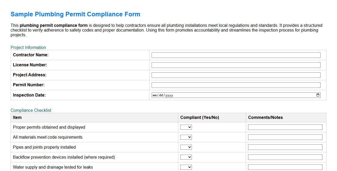 Sample plumbing permit compliance form for contractors image preview