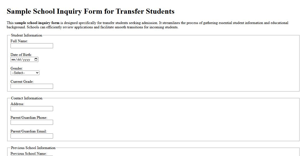 Sample school inquiry form for transfer students image preview