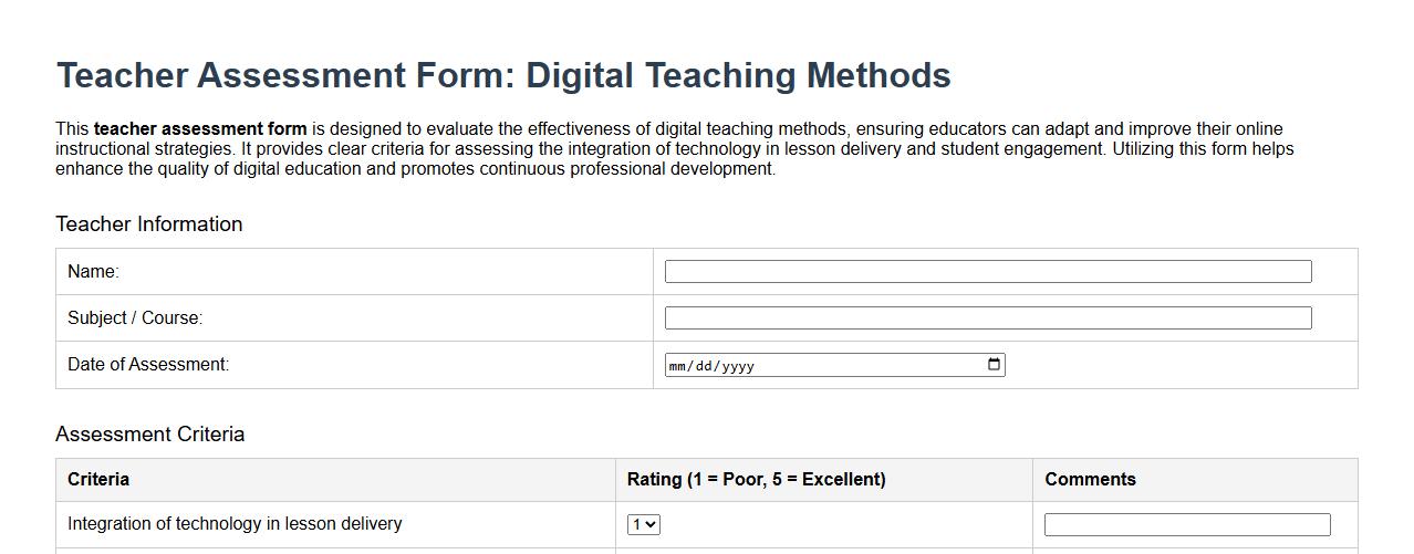 sample teacher assessment form for digital teaching methods image preview