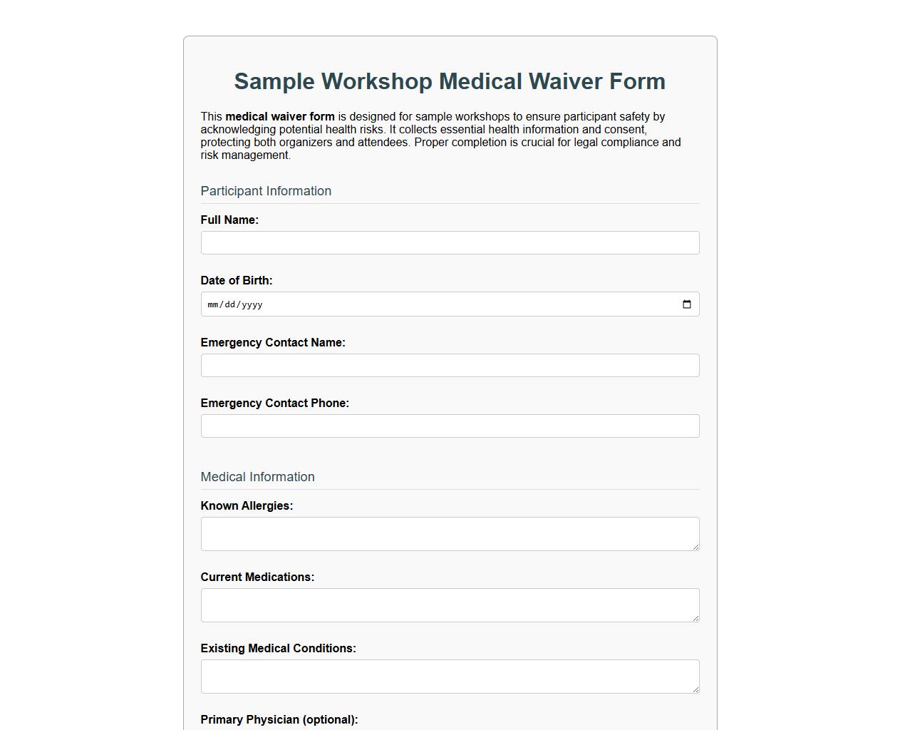 sample workshop medical waiver form image preview