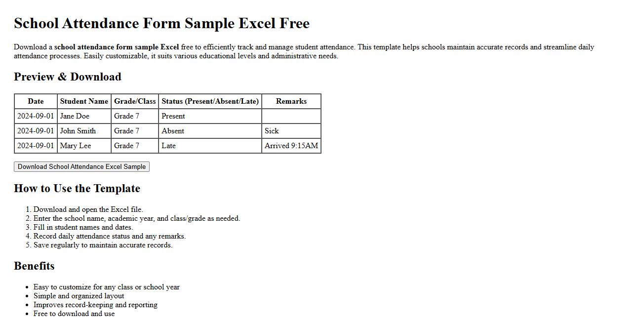 school attendance form sample excel free image preview