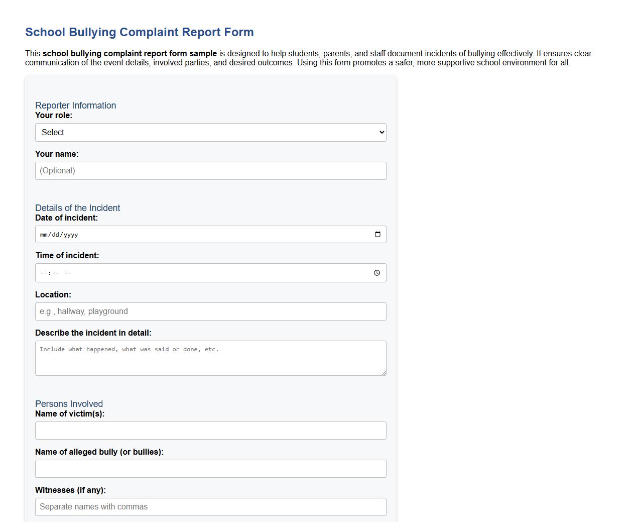 school bullying complaint report form sample image preview