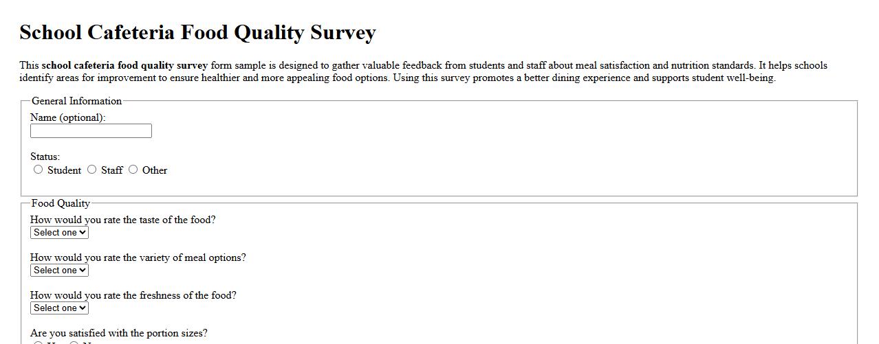 School cafeteria food quality survey form sample image preview
