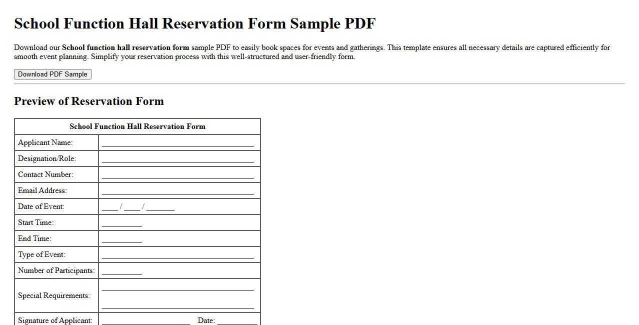 School function hall reservation form sample PDF image preview