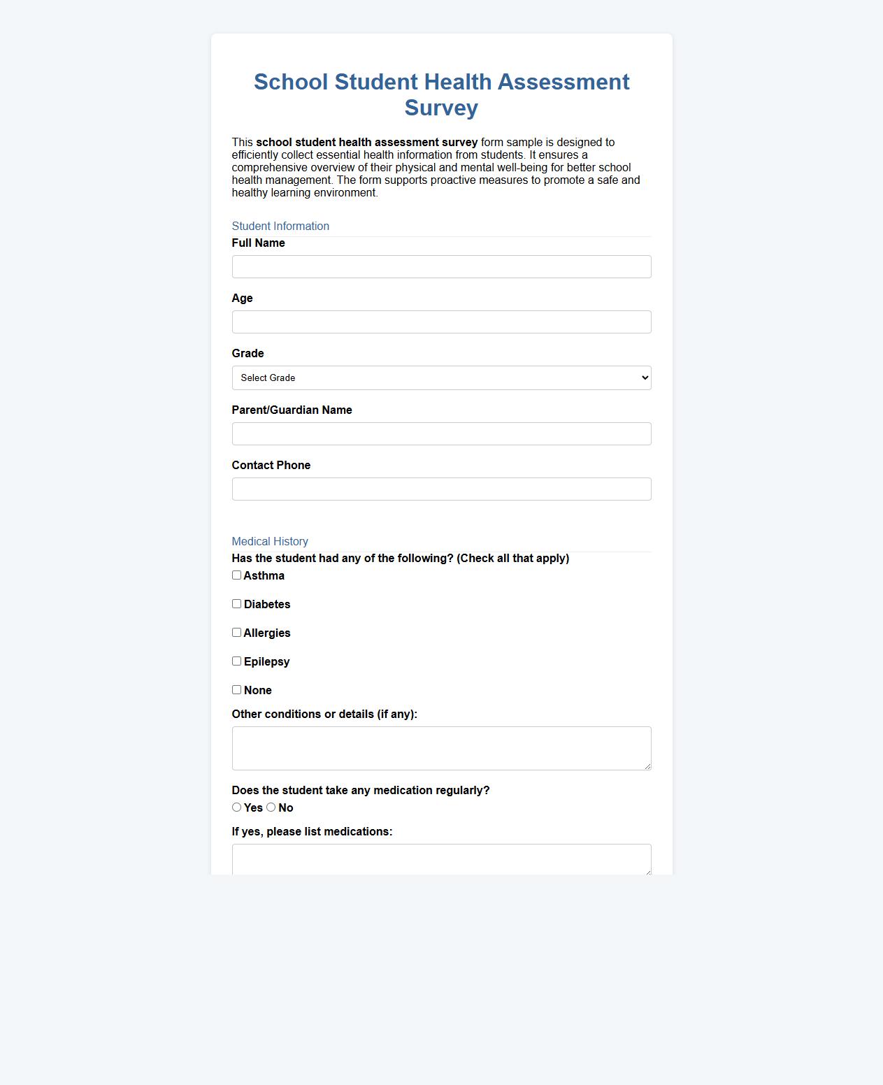 School student health assessment survey form sample image preview