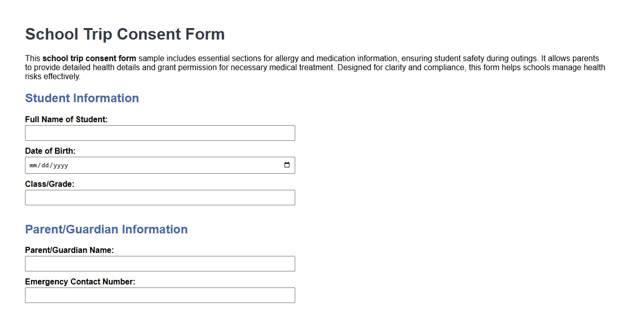 School trip consent form sample with allergy and medication section image preview