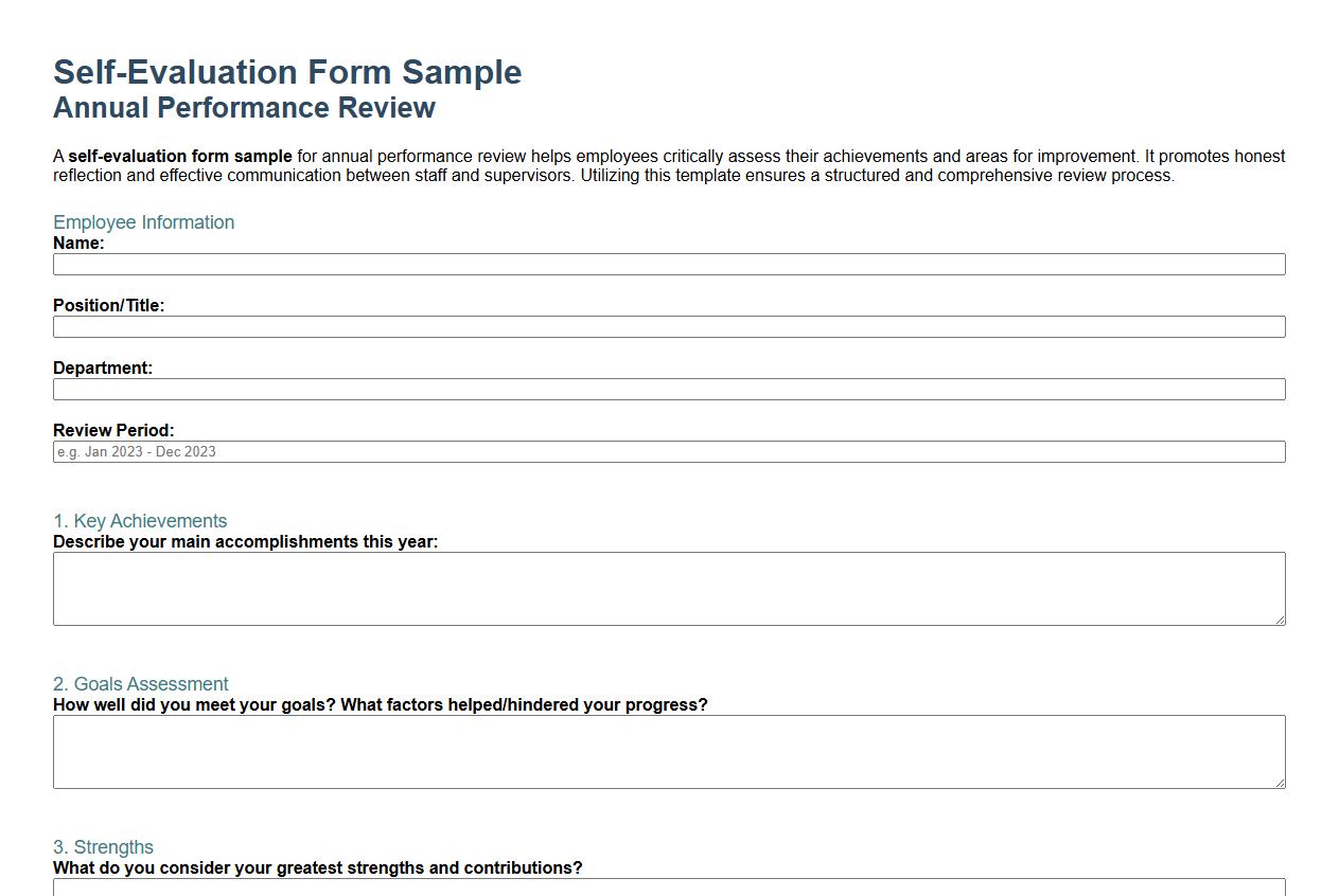 self-evaluation form sample for annual performance review image preview