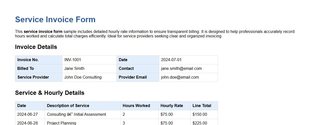 Service invoice form sample with hourly rate details image preview