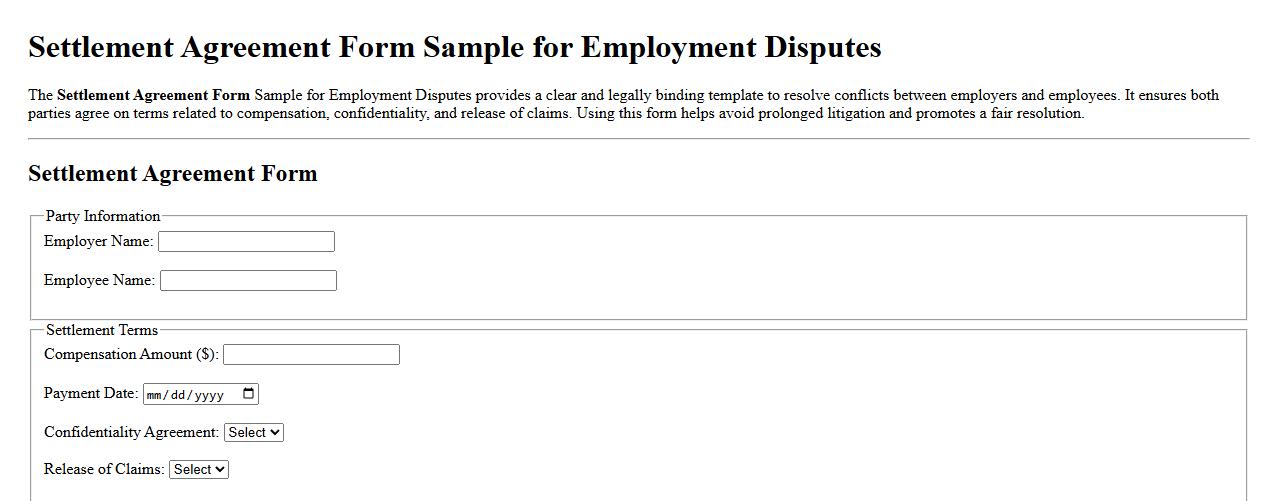 Settlement Agreement Form Sample for Employment Disputes image preview