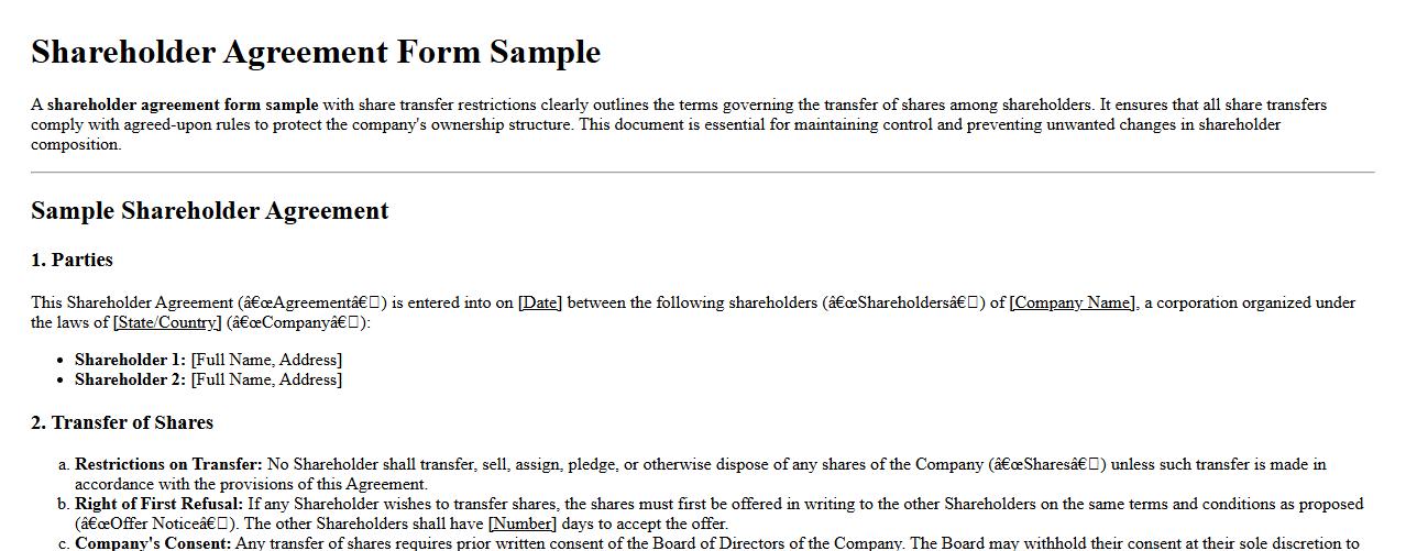 Shareholder agreement form sample with share transfer restrictions image preview