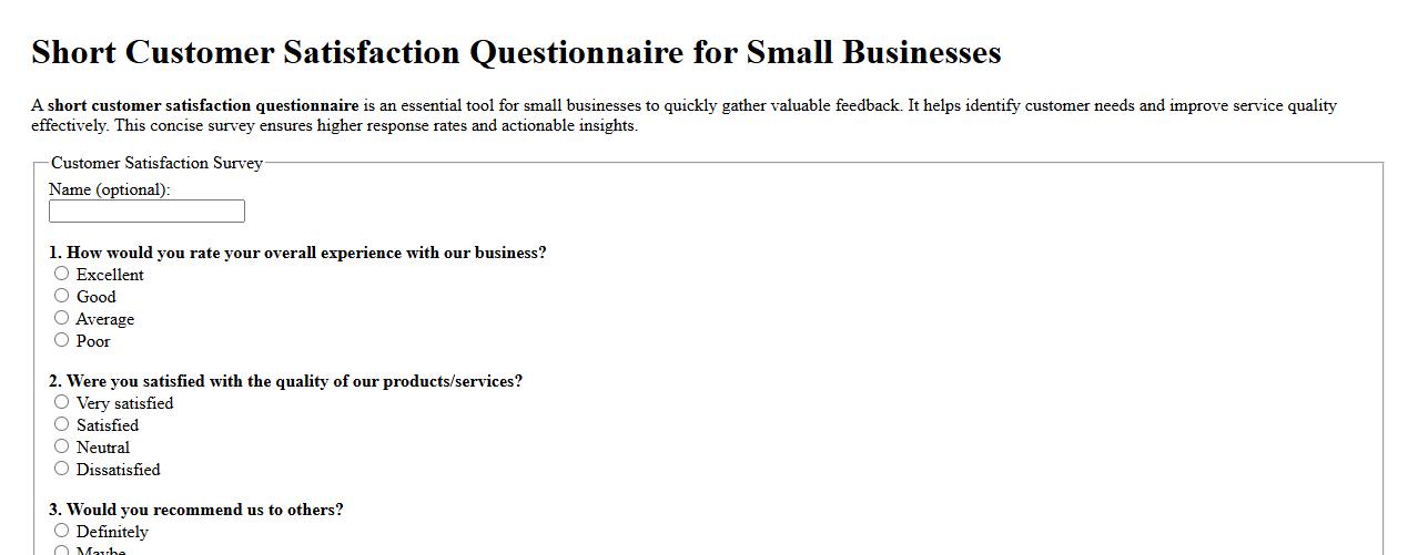 Short customer satisfaction questionnaire for small businesses image preview