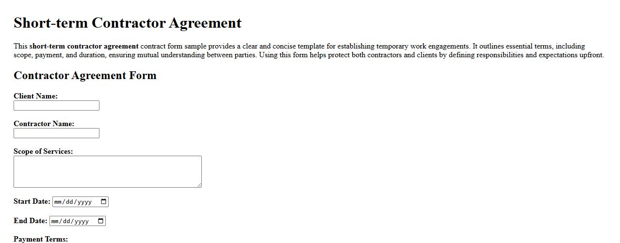 Short-term contractor agreement contract form sample image preview
